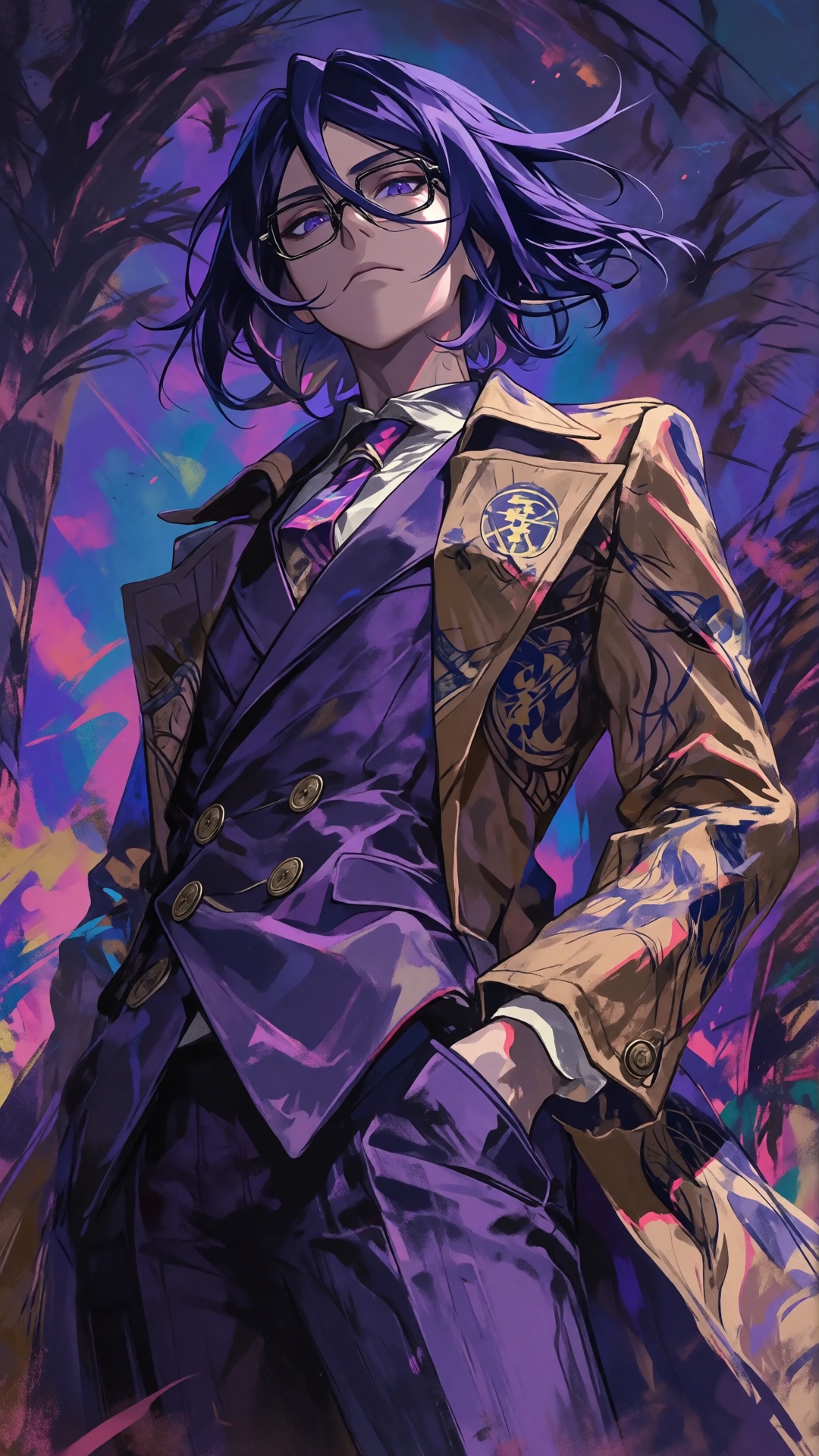 this is a digital anime-style illustration featuring a confident young man with a striking appearance,  he has medium-leng...