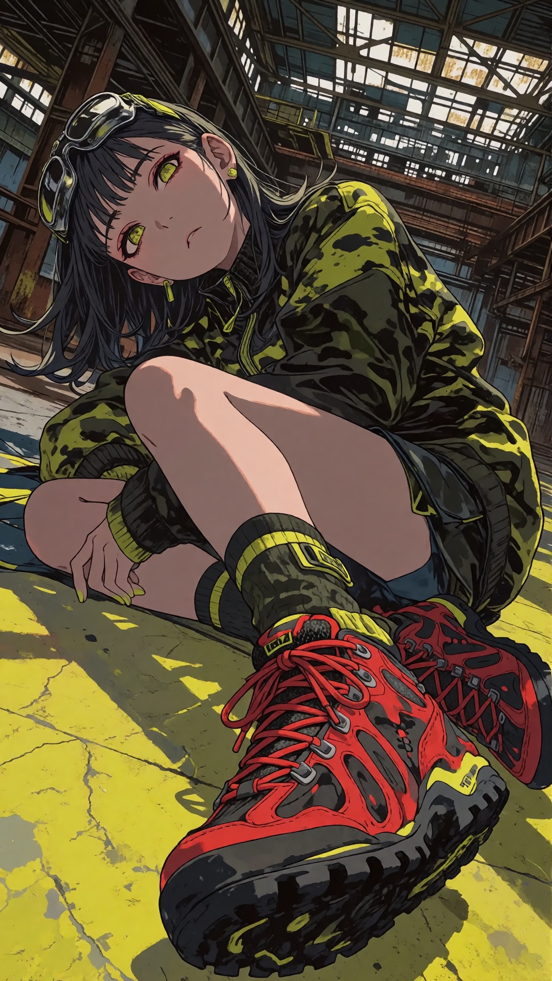 this digital artwork depicts a young woman in an industrial setting,  she has dark,  shoulder-length hair with bangs on Te...