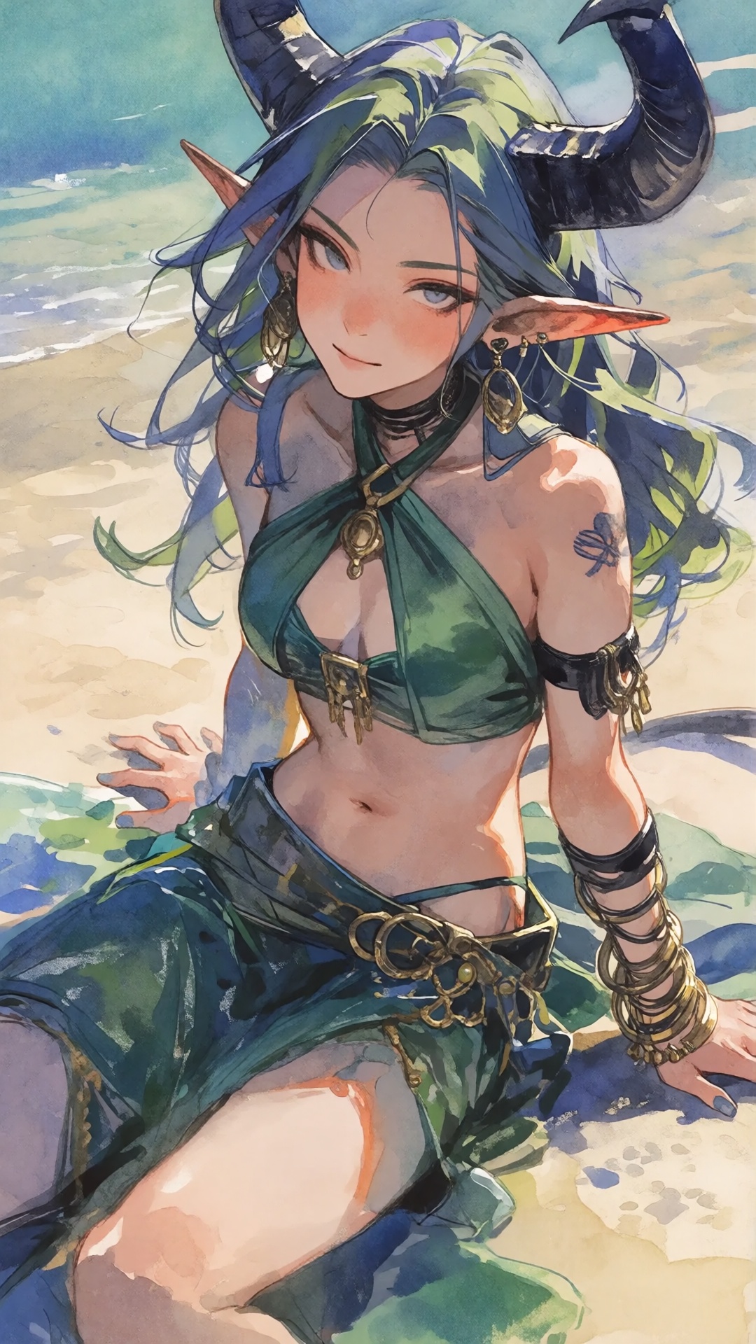 this is a digital watercolor-style illustration depicting a fantasy female character with demonic features,  sitting on a...