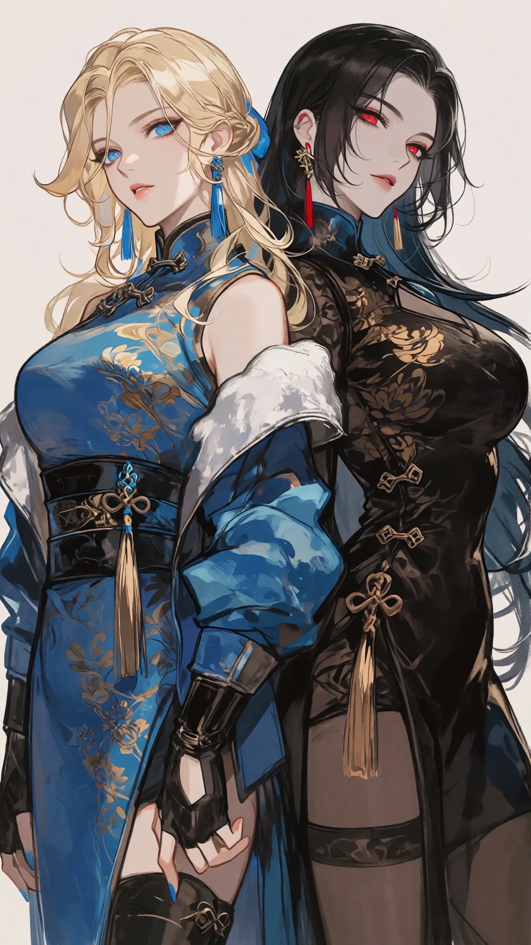this is a digital illustration in an anime-style featuring two women standing back-to-back,  the woman on the left has lon...