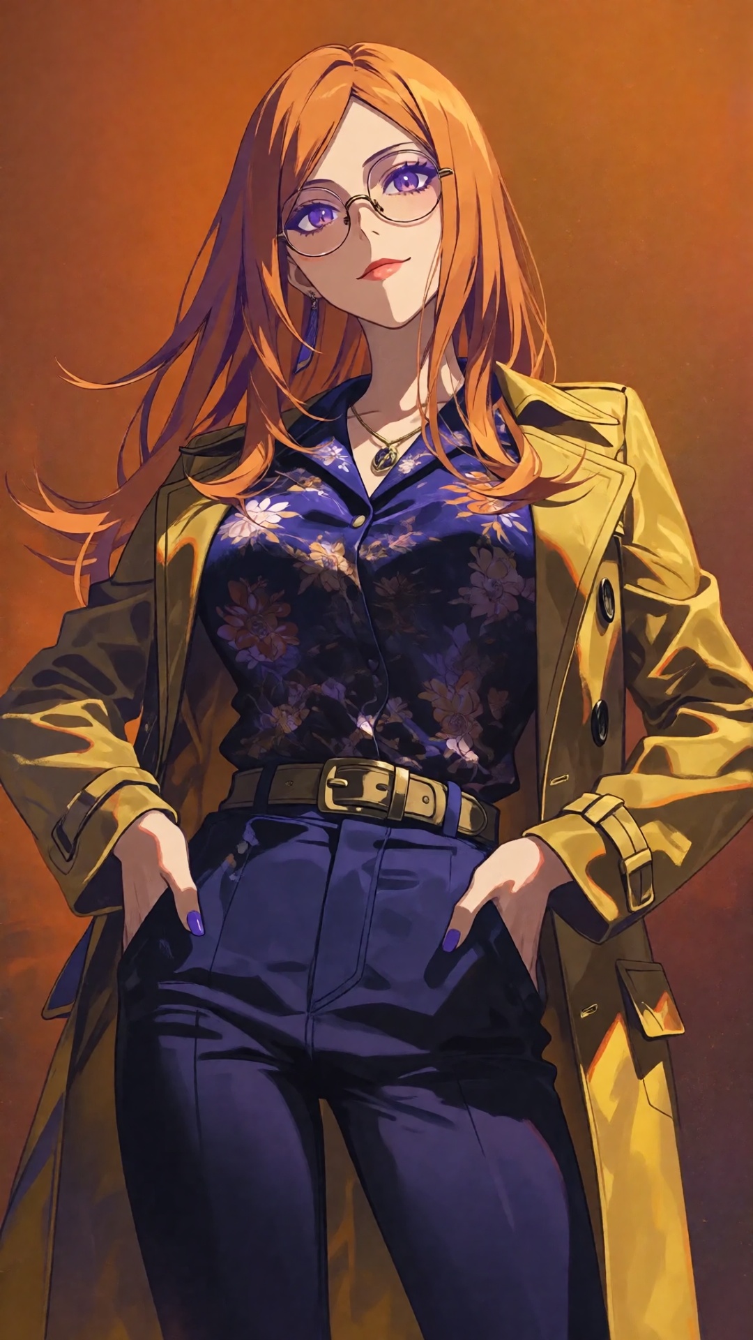 this is a digital anime-style illustration of a confident woman with long,  straight,  orange hair and purple eyes on Tens...