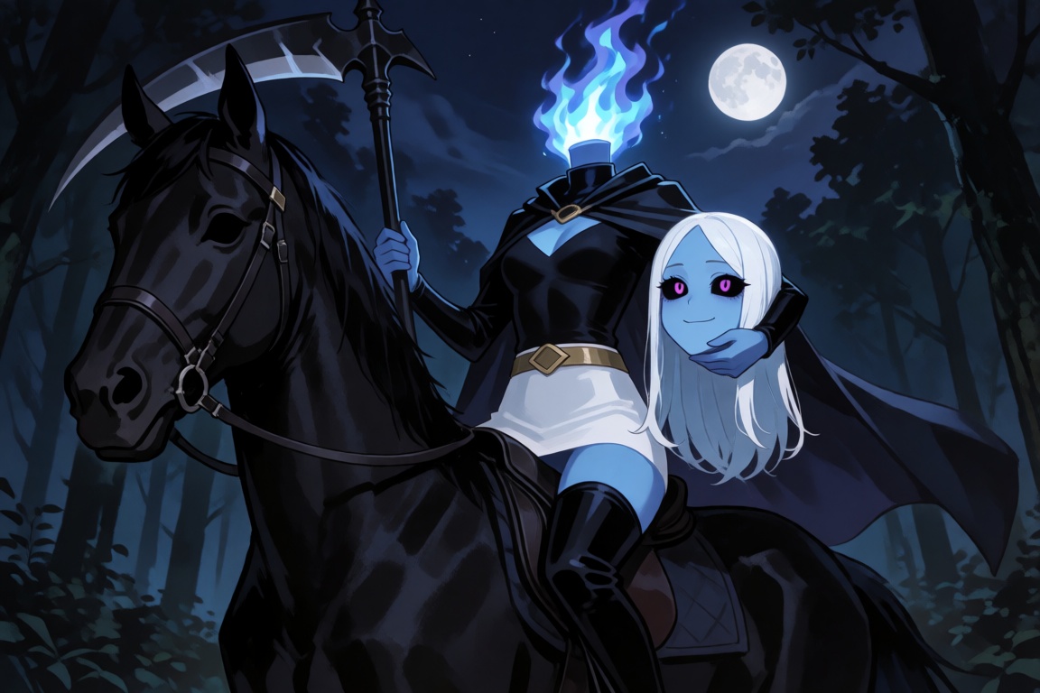 A full body shot from below of a pale blue dullahan monster girl riding a black horse with regular black eyes through a da...