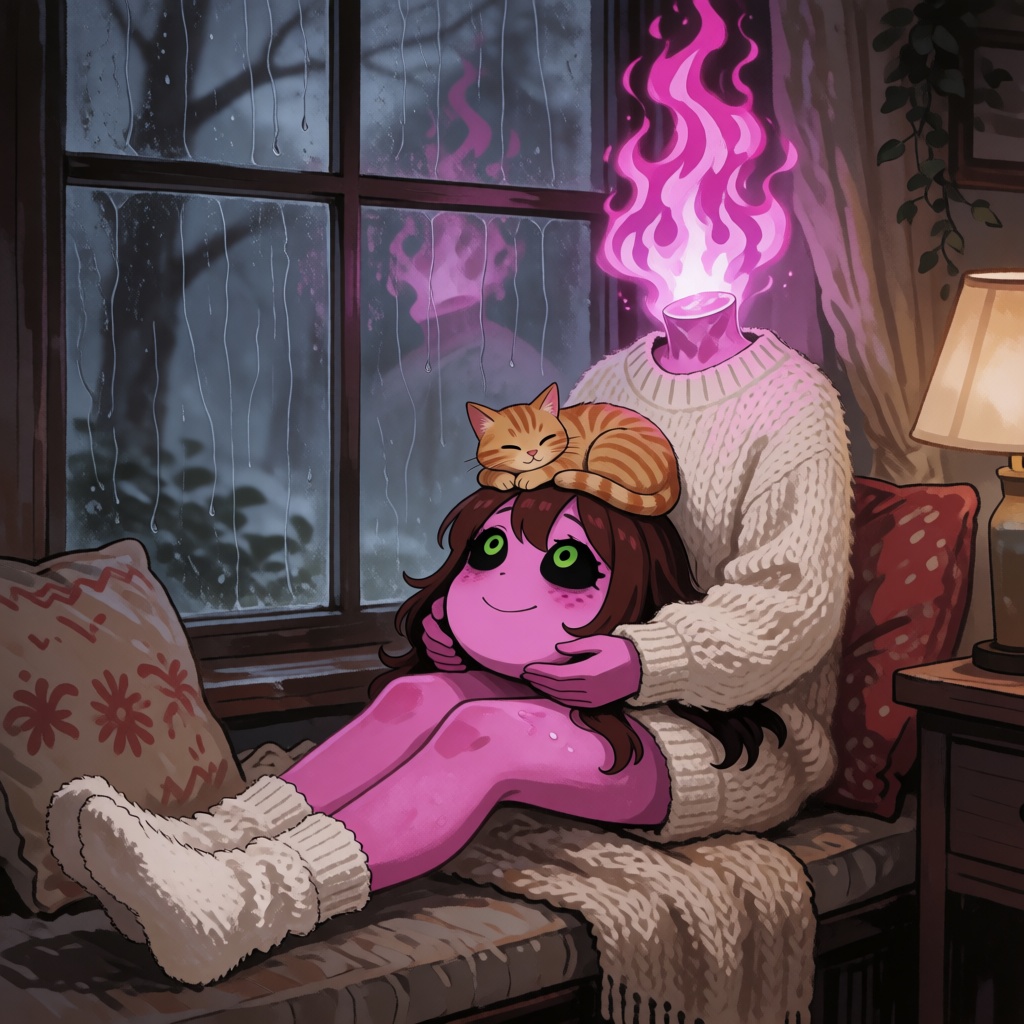 A medium shot of a pink dullahan monster girl sitting on a cozy window seat on a rainy day. She is wearing an oversized cr...