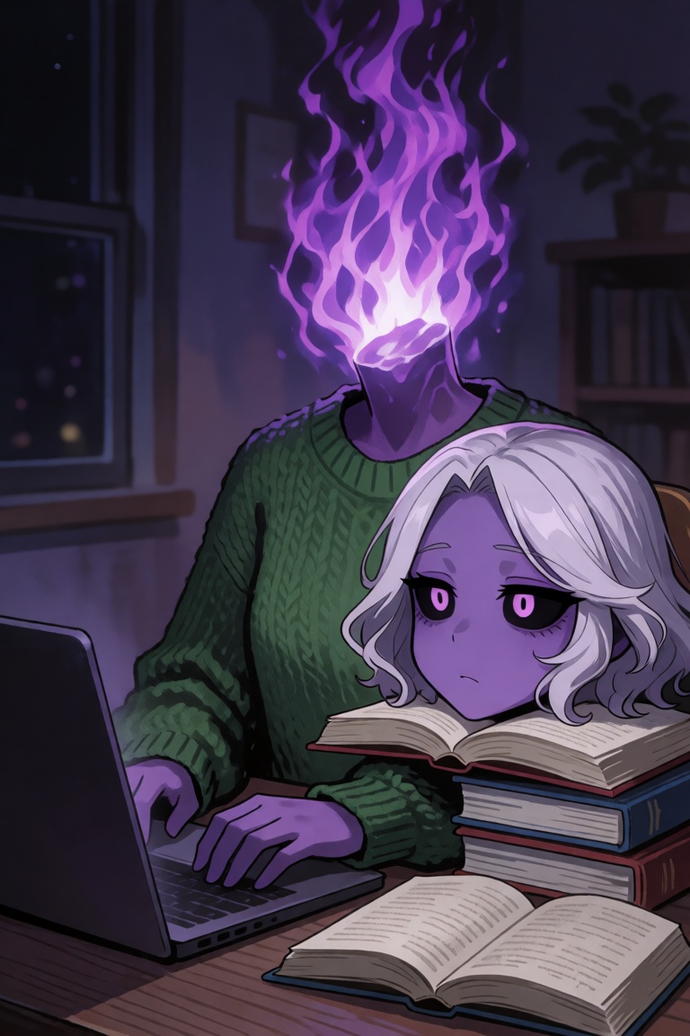 A medium shot of a purple dullahan monster girl sitting at a wooden desk late at night while typing on a laptop open in fr...