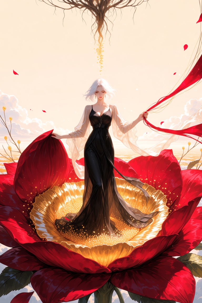 A surreal close-up semi-realistic illustration of a white-haired young woman standing inside the enormous center of a crim...