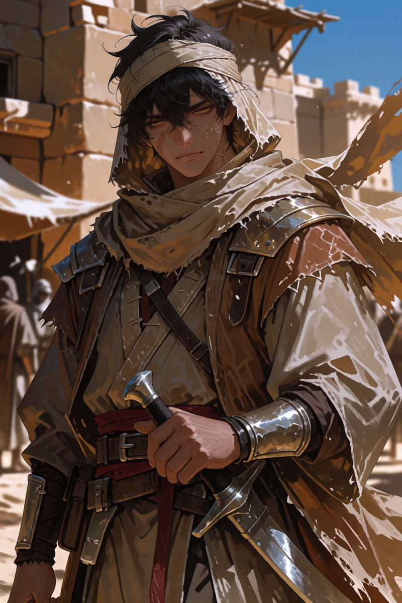 A handsome young desert mercenary with sun-warmed brown skin,  thick messy black hair,  and dark amber eyes looks toward t...