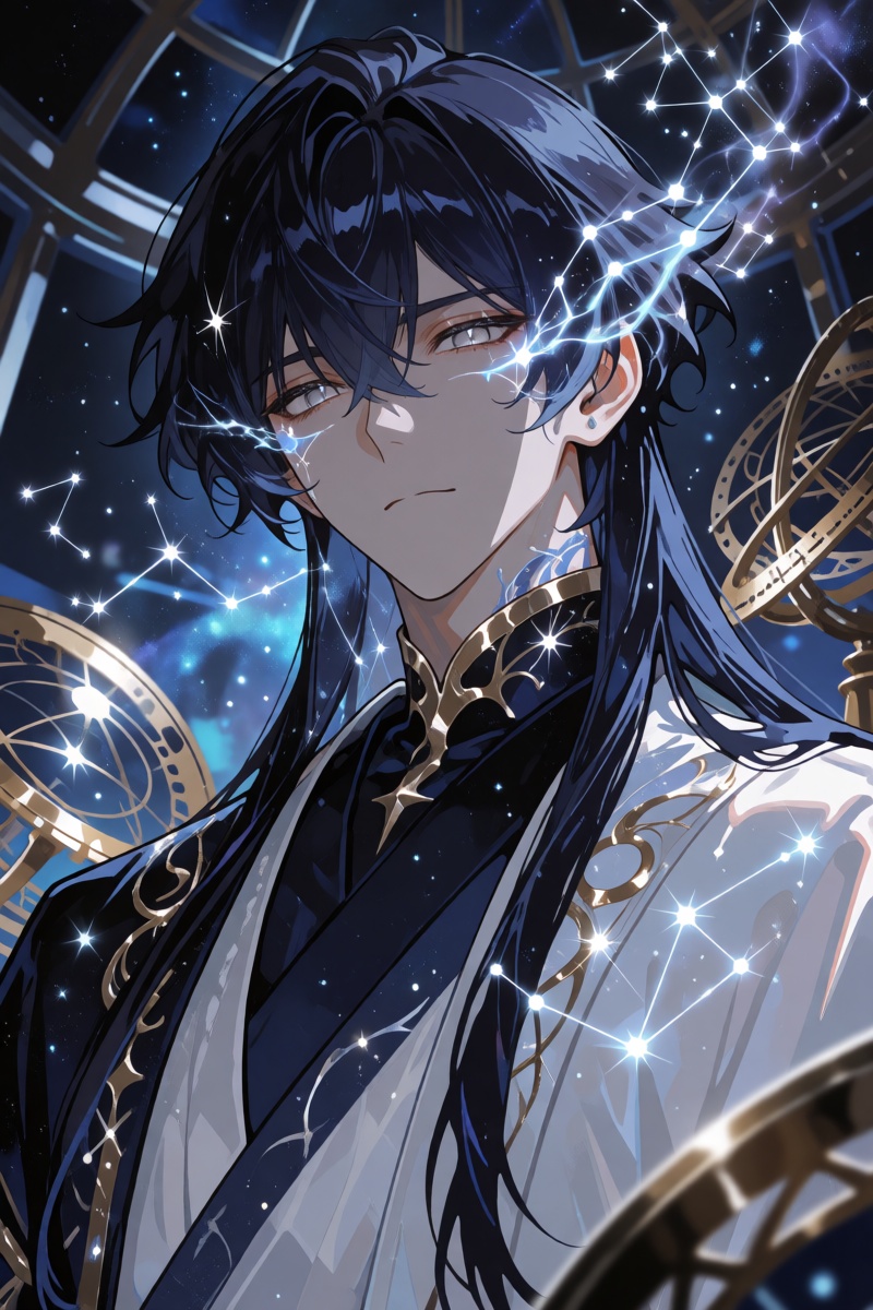 A mysterious young man with long midnight-blue hair and silver eyes stands surrounded by drifting glowing constellations,...