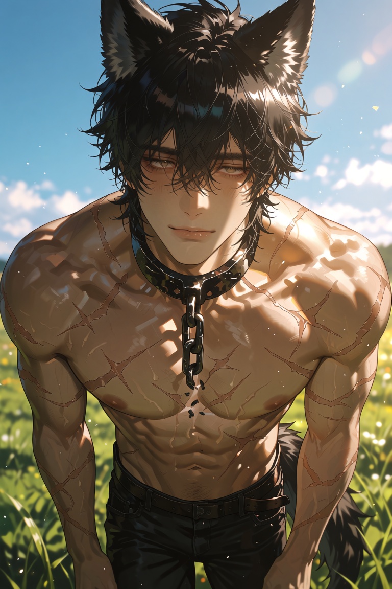 A tall,  powerful demihuman man stands completely straight and upright in a sunny grass field,  several feet directly in f...