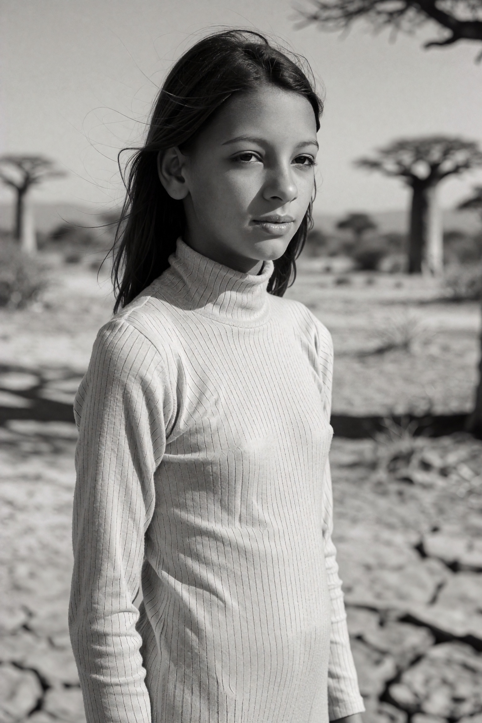 A monochromatic study of a young girl from the Kalahari,  depicted in high detail. She stands slender against the harsh,...