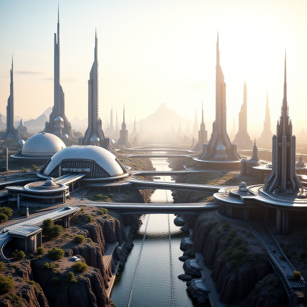 starcity_alpha,  wide panoramic shot of a sprawling planetary city,  massive geodesic domes and brutalist concrete spires...