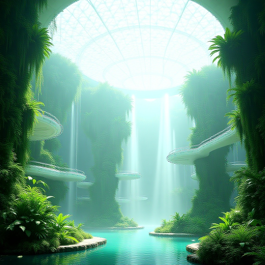 starcity_alpha,  interior view of a massive biodome,  lush vertical gardens cascading down the walls on Tensor.Art