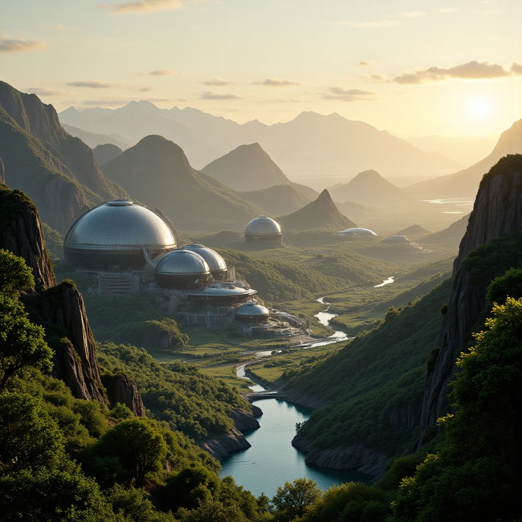 wide establishing shot of a planetary colony,  massive domes surrounded by terraformed green valleys,  alien trees with bi...