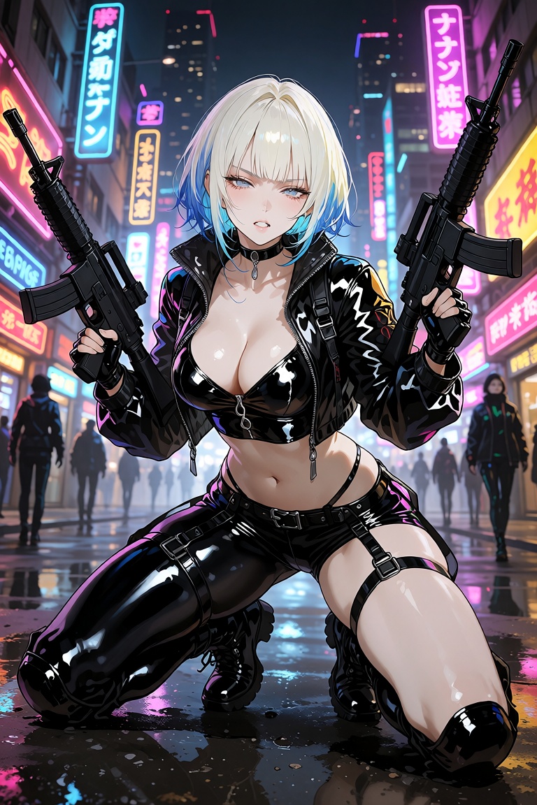 this is a highly detailed,  digital art illustration depicting a fierce,  anime-style female character in a neon-lit on Te...