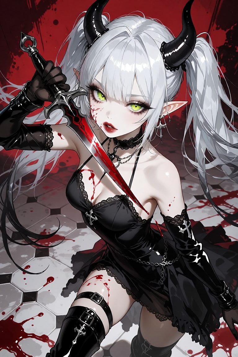this is a highly detailed digital artwork in an anime style,  depicting a demonic female character with a gothic and dark...