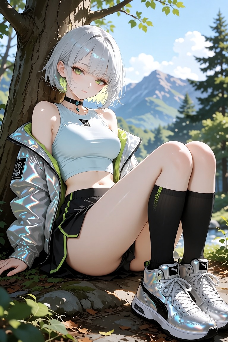 this is a highly detailed,  digital anime-style illustration of a young woman with a slender,  athletic build and light sk...