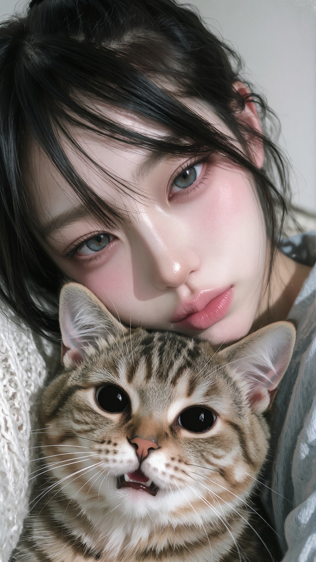 Face Young East Asian female with fair,  smooth skin and soft pink blush on the cheeks. Large,  expressive almond-shaped e...