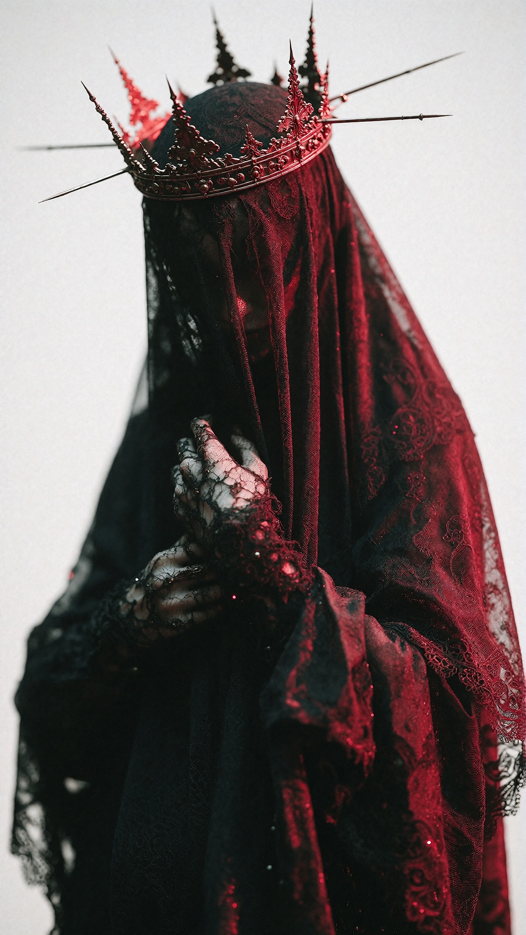 A dark,  gothic full body of a mysterious figure draped in a flowing black veil. The subject wears a red ornate crown ador...