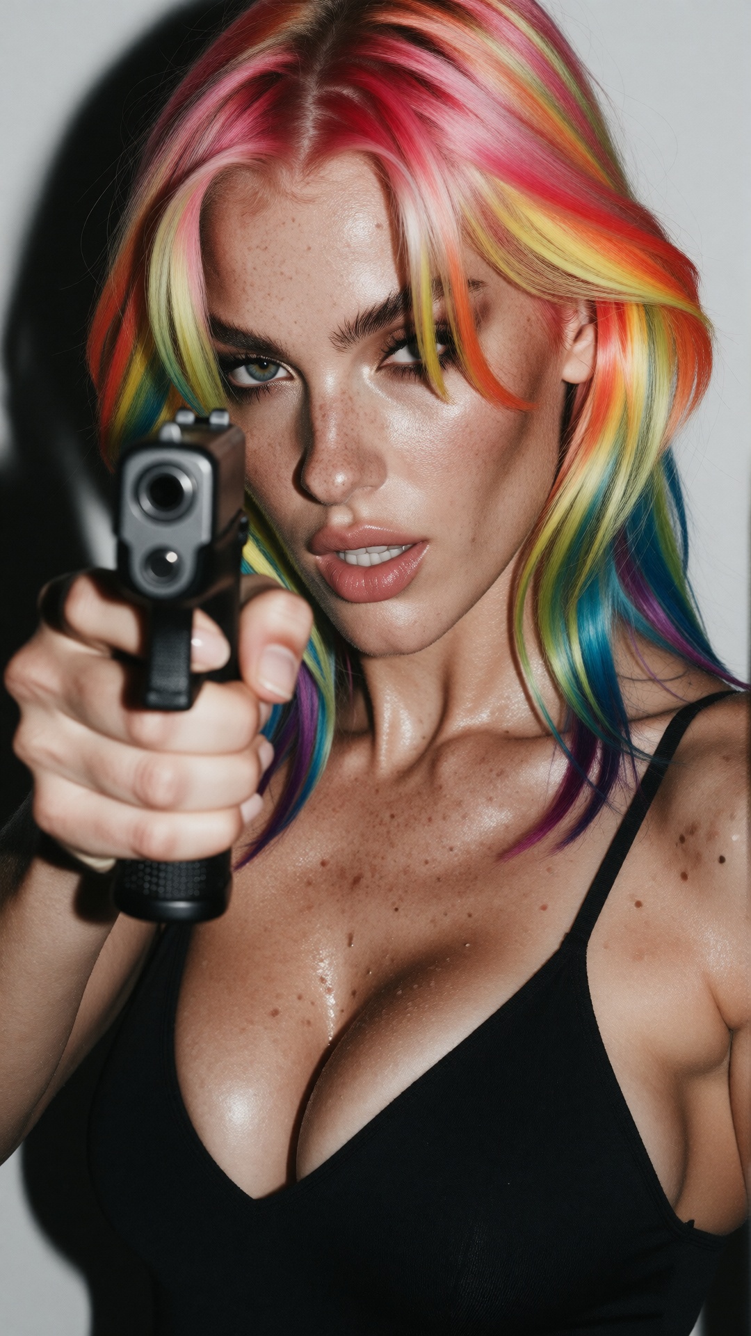 rainbow hair woman,  black body suit. she is pointing a Glock model 24 at the viewer,  held in one hand on Tensor.Art