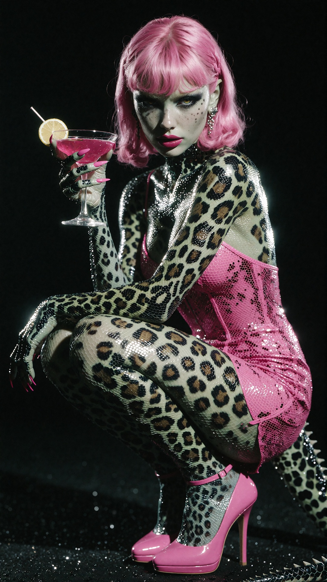 dark noir sincity scene of leopard pattern darker spots on lighter green skin,  pink hair,  pink eyes on Tensor.Art
