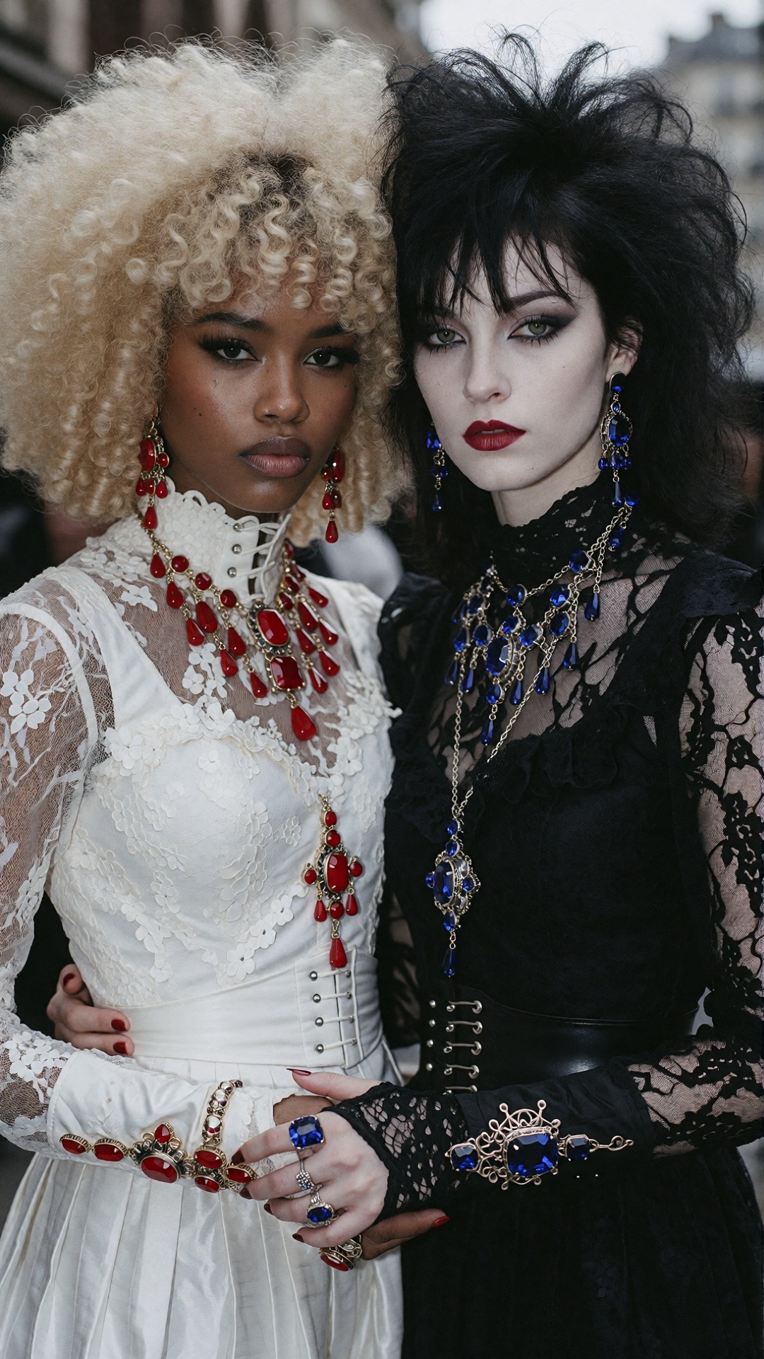 (Large blonde Afro hair Black woman in all white,  red ruby jewelry ) (Large teased 80s black hair White woman in all blac...