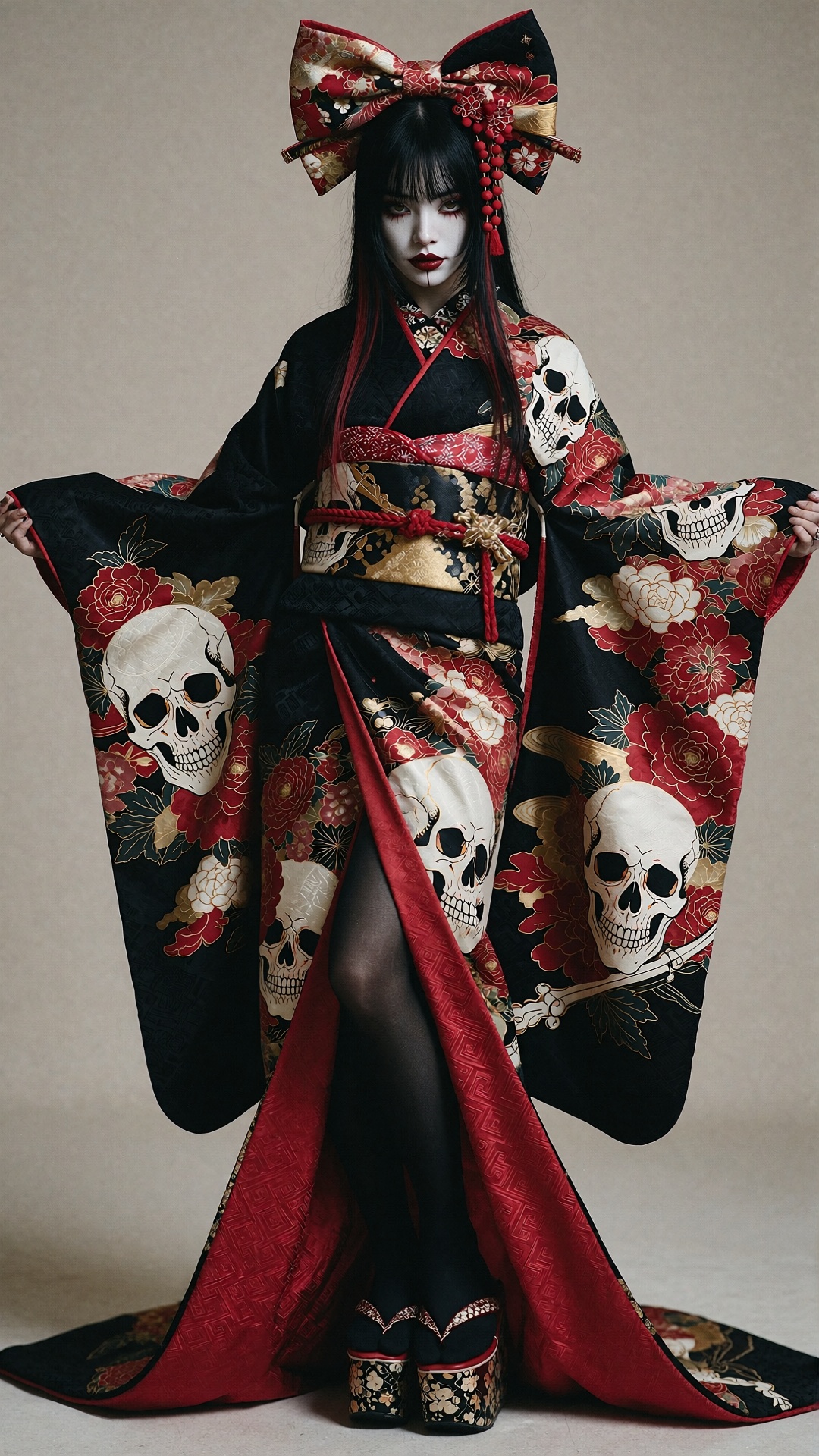 Fashion photoshoot style,  full-body portrait of a gothic Japanese woman,  wearing a luxurious traditional kimono with wid...