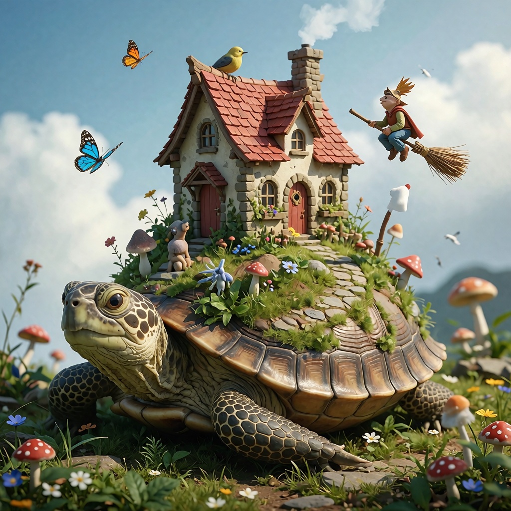 The image depicts a whimsical scene with a large turtle as the central figure. The turtle has a small house built on its b...