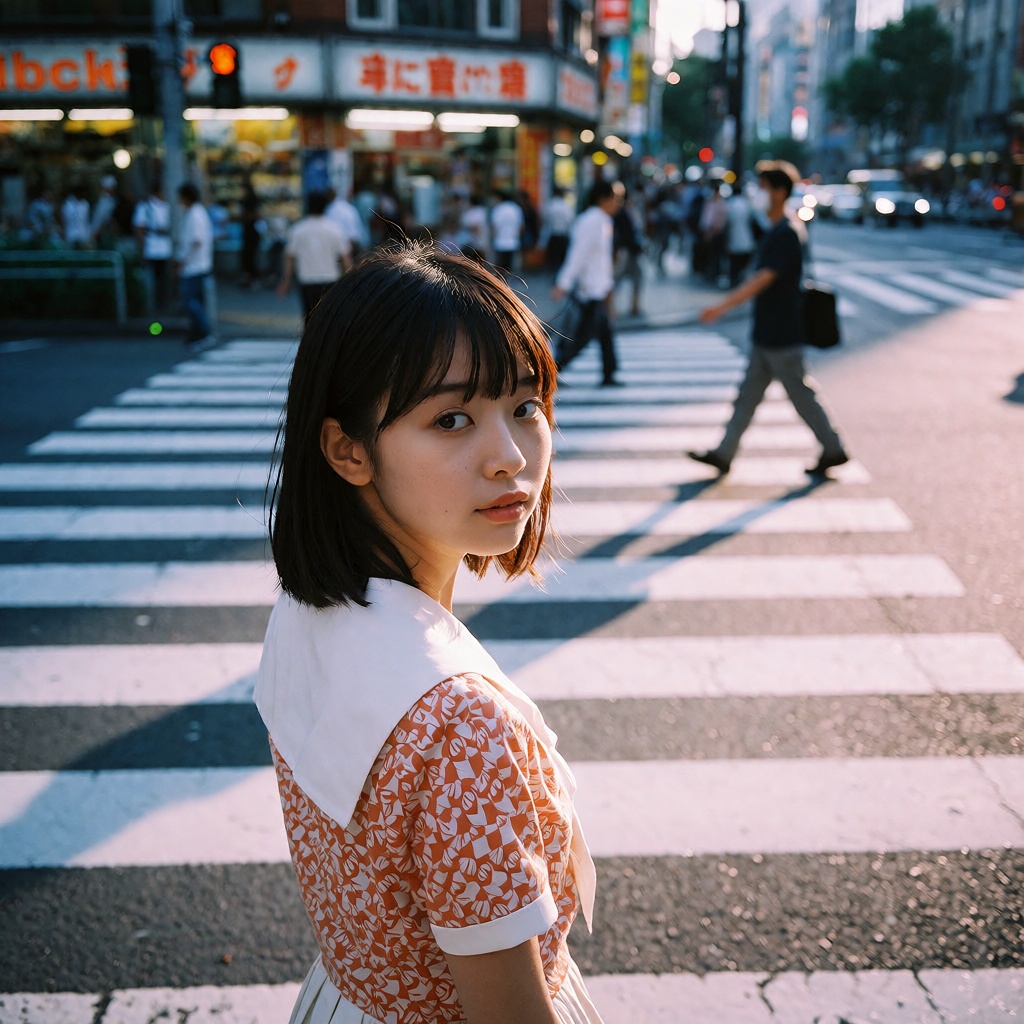 Tokyo. A young Japanese woman with shoulder-length dark hair and straight bangs stands in the foreground,  glancing over h...