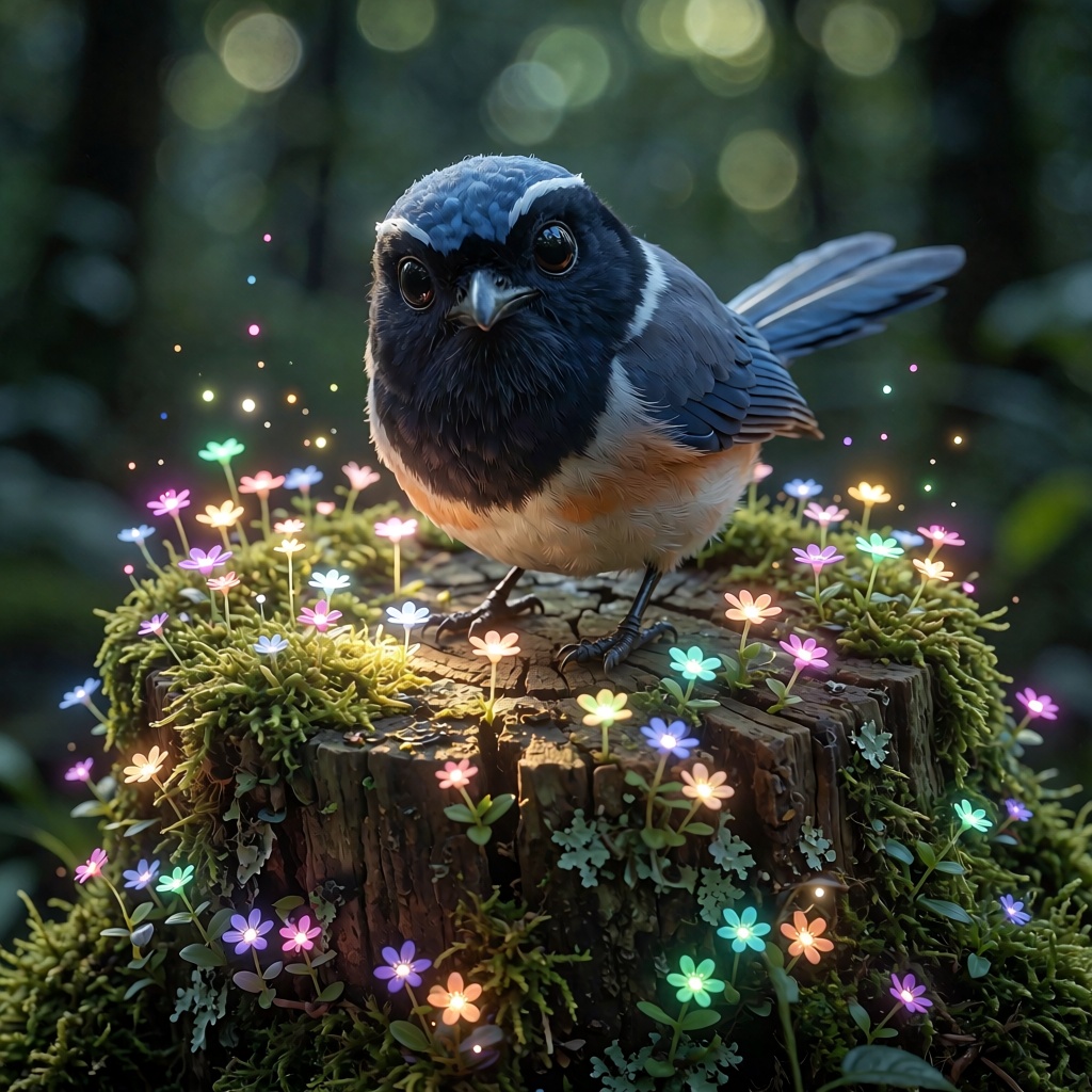 zidiusArt,  A 3D anime film still captures a round-bodied,  adorable Azure-winged Magpie perched upon a weathered on Tenso...