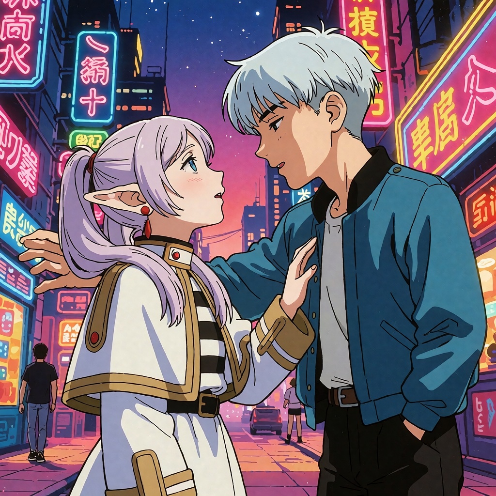Create a retro anime scene inspired by the 1980s and 1990s styles,  featuring the Frieren and Himmel. The artwork should h...