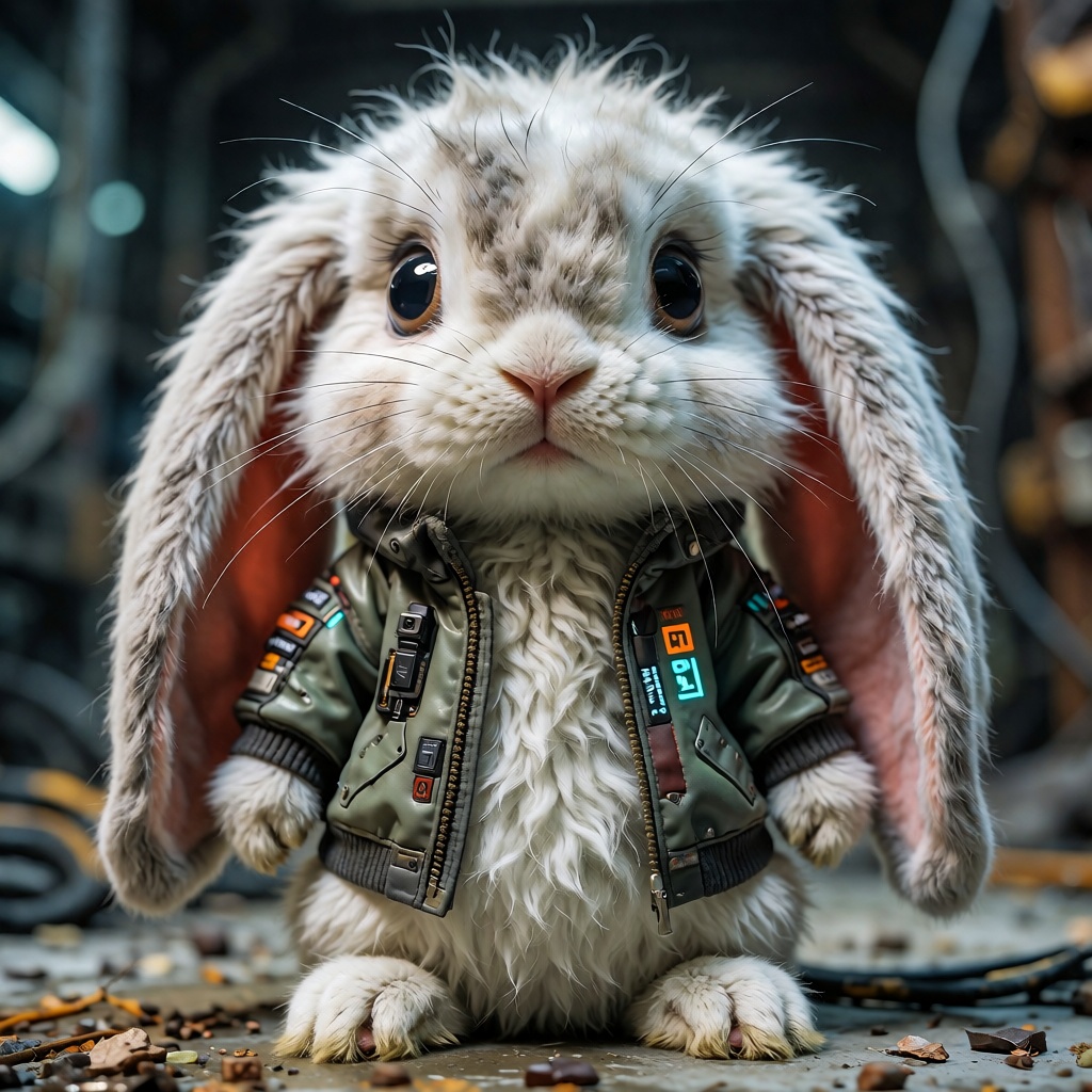 An adorable,  fluffy anthropomorphic bunny with very long,  floppy ears that hang limply on the sides of her head. Cyberpu...