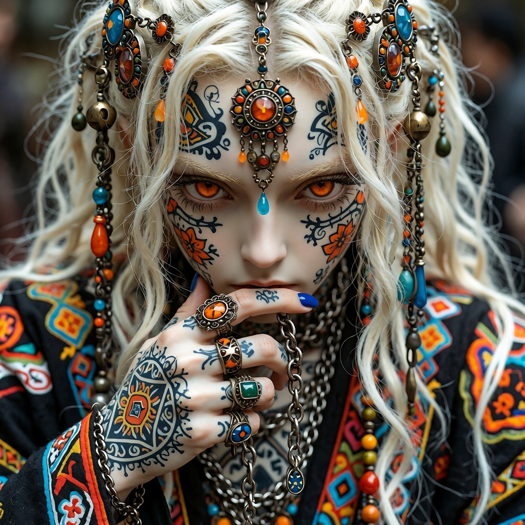 The image depicts a highly detailed and intricate character with striking features. The character has long,  platinum blon...