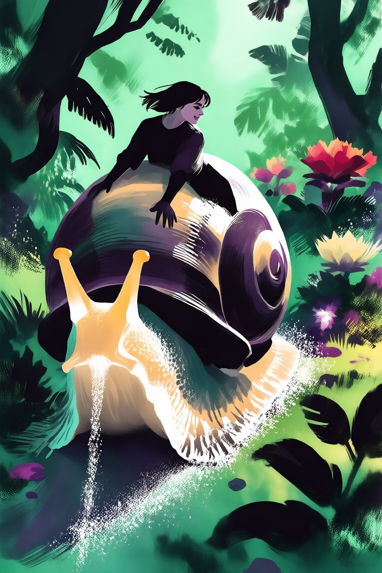 Create a whimsical illustration of a woman riding a colossal snail through a lush,  enchanted forest. The snail moves slow...