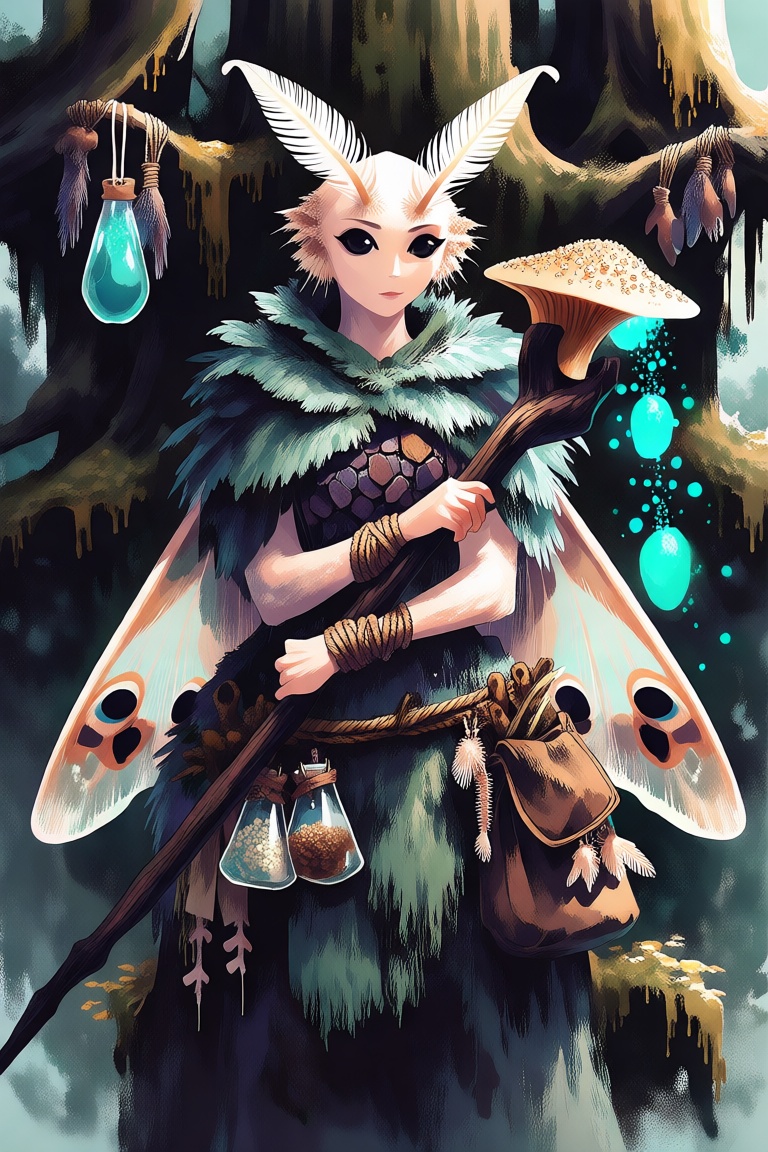 A female D&D fantasy character,  a moth-folk circle of spores druid crouching atop a decaying,  ancient woodland shrine. S...
