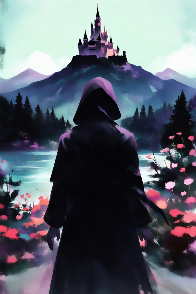 masterpiece,  best quality,  a mysterious figure in the foreground gazes out toward a distant castle on a mountain on Tens...