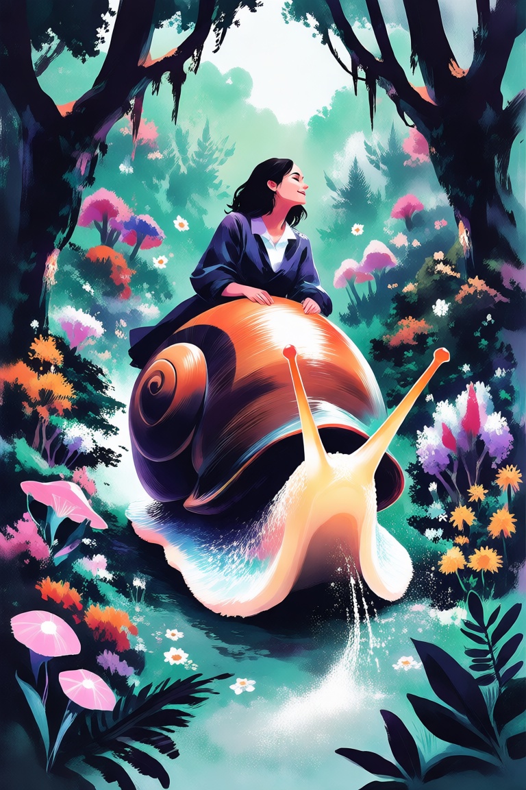 Create a whimsical illustration of a woman riding a colossal snail through a lush,  enchanted forest. The snail moves slow...
