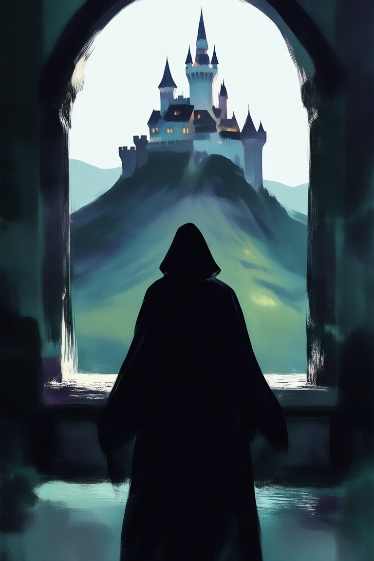 masterpiece,  best quality,  a mysterious figure in the foreground gazes out toward a distant castle on a mountain on Tens...