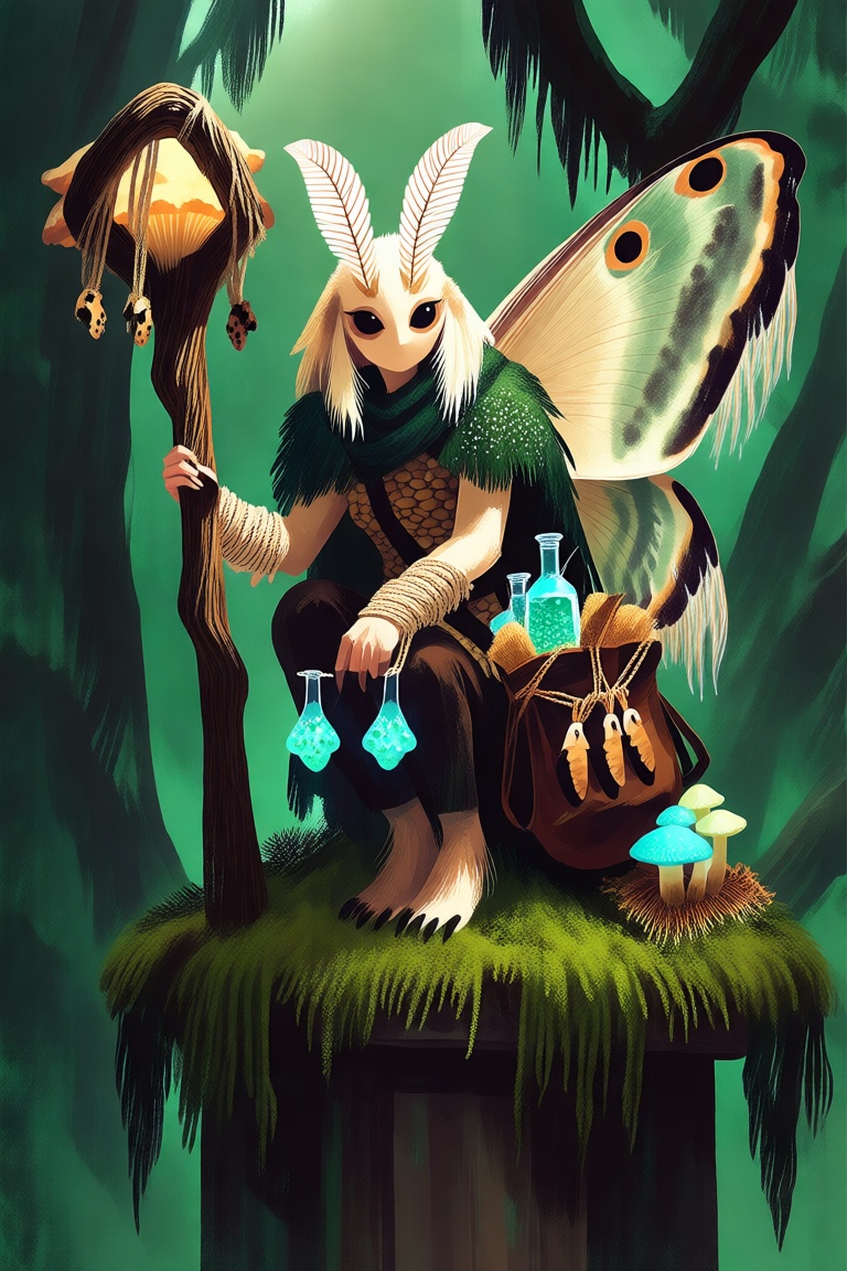 A female D&D fantasy character,  a moth-folk circle of spores druid crouching atop a decaying,  ancient woodland shrine. S...