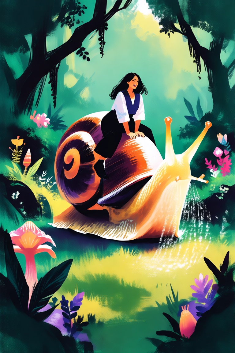 Create a whimsical illustration of a woman riding a colossal snail through a lush,  enchanted forest. The snail moves slow...
