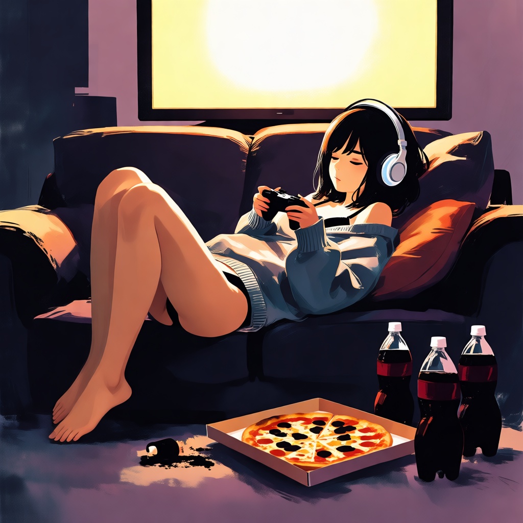 A scene where a lone girl is lying on a cozy couch,  barefoot and snuggled into an oversized sweater. She is engrossed in...