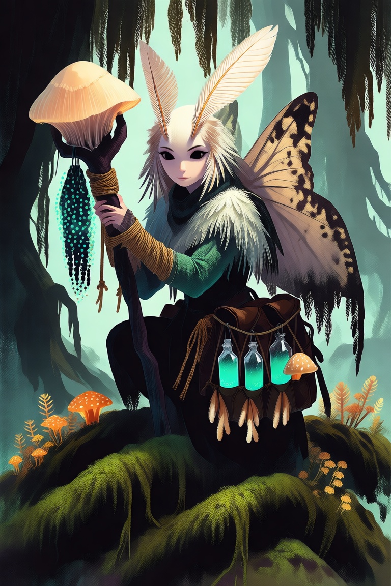 A female D&D fantasy character,  a moth-folk circle of spores druid crouching atop a decaying,  ancient woodland shrine. S...