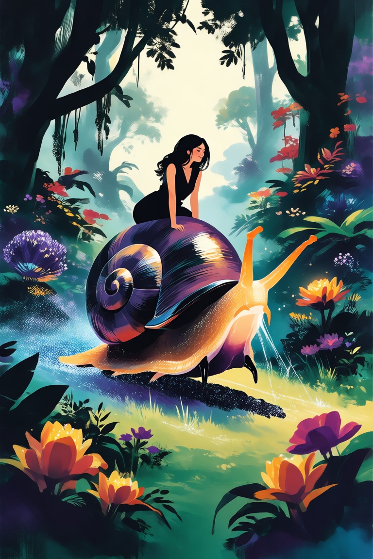 Create a whimsical illustration of a woman riding a colossal snail through a lush,  enchanted forest. The snail moves slow...