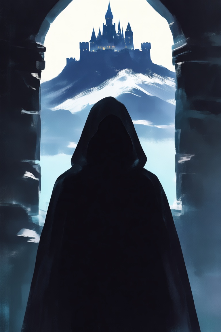 masterpiece,  best quality,  a mysterious figure in the foreground gazes out toward a distant castle on a mountain on Tens...