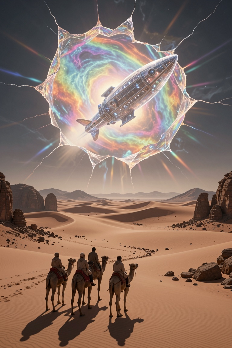 A sweeping wide-angle landscape shot of a vast,  ancient desert. In the distance,  a large on Tensor.Art