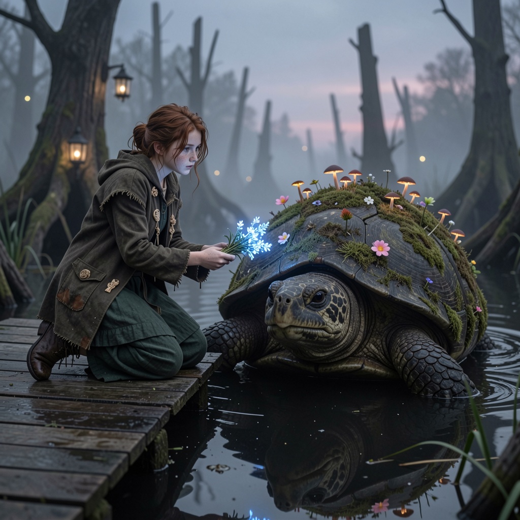 f4nt4sy,  A live-action fantasy realism scene featuring a young swamp witch and a giant ancient turtle covered in moss and...