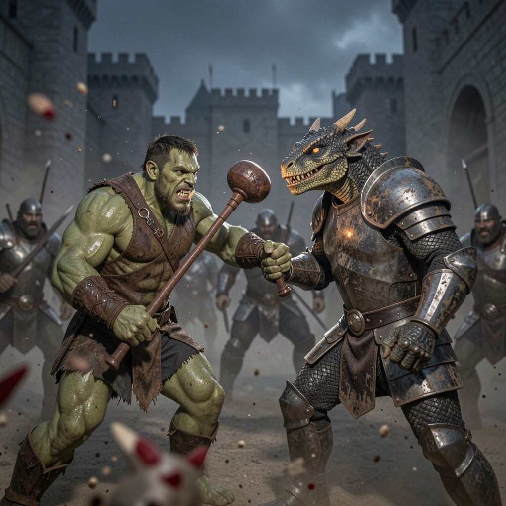 A raw smartphone photograph of a brutal battlefield clash between a hulking orc and a dragon humanoid knight. In the blurr...