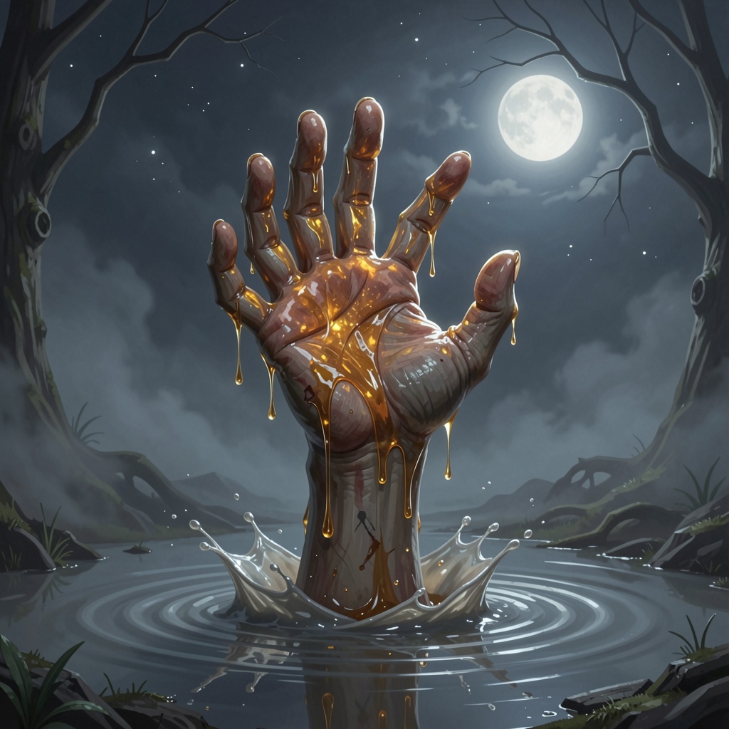 ethereal fantasy concept art of a zombie hand made of dvr-honey rising from a gray puddle,  gloomy atmosphere,  fog on Ten...