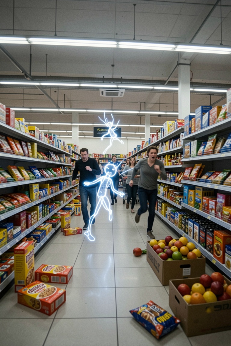 An action shot captured on a blurry smartphone camera: chaos in a modern supermarket. Bright,  glowing,  playful sprites m...
