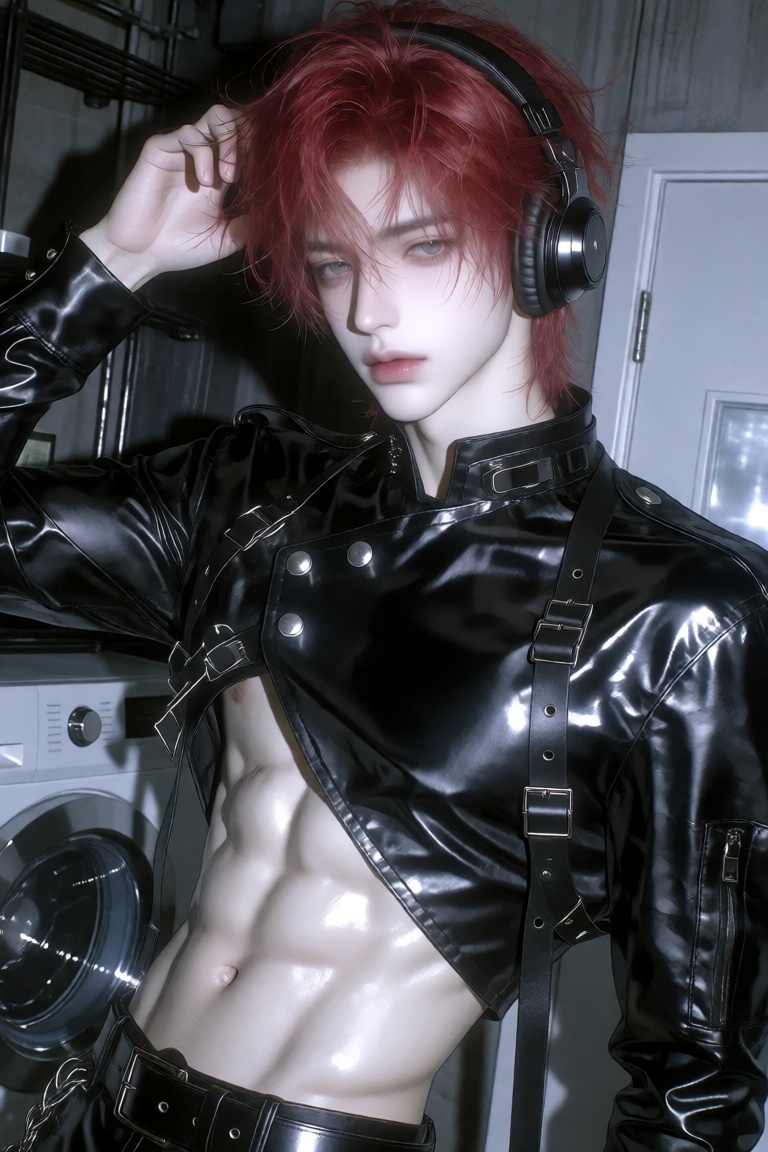 This is a digital artwork of a young,  pale-skinned male with striking red,  tousled hair. He is wearing black on Tensor.Art