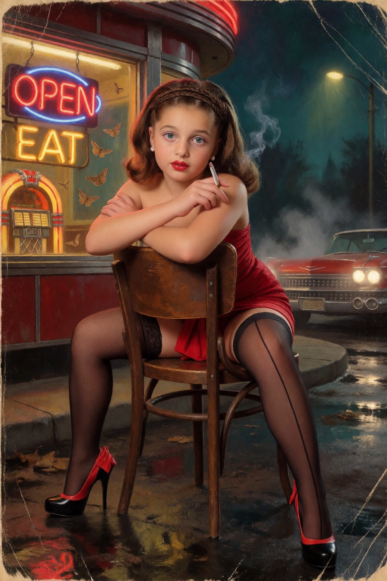 Roadside Diner,  2 A.M. Hyperrealistic gritty pulp noir illustration of a stunning,  glamorous on Tensor.Art