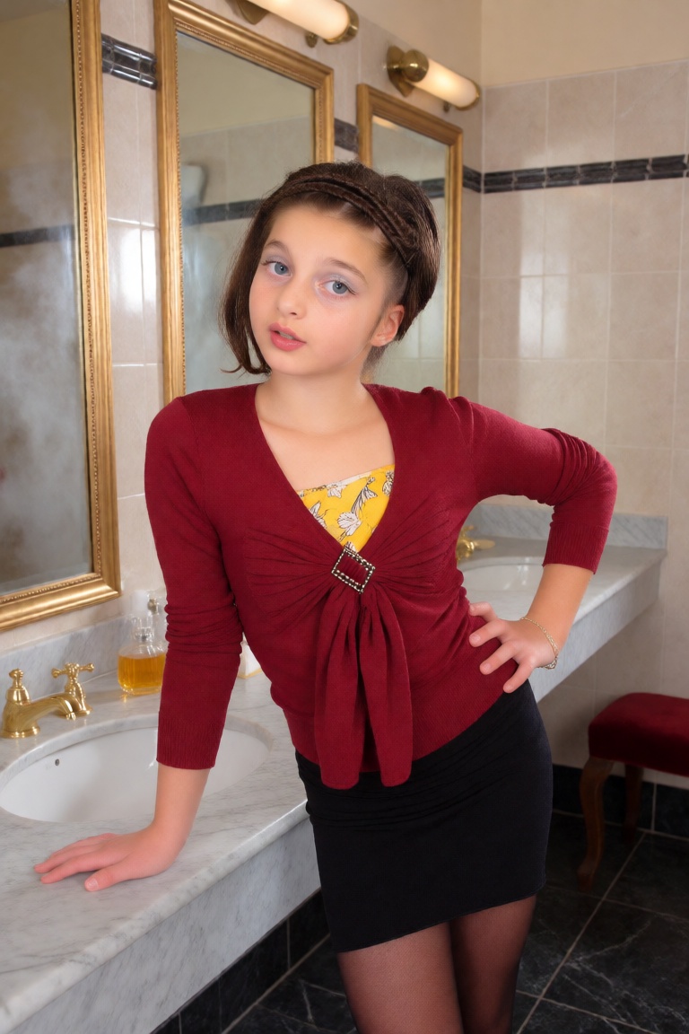 Ultra-realistic photograph of a 25-year-old woman in a glamorous restroom that still has the bones of an old institution:...